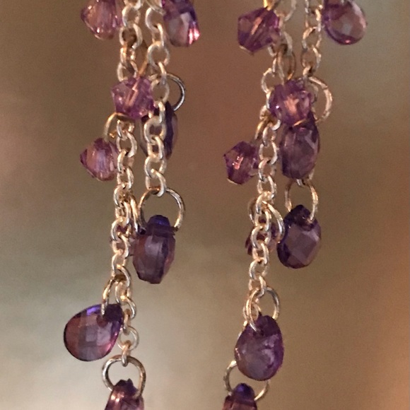 Silver Chain Purple Teardrop Long Earrings - Picture 5 of 6